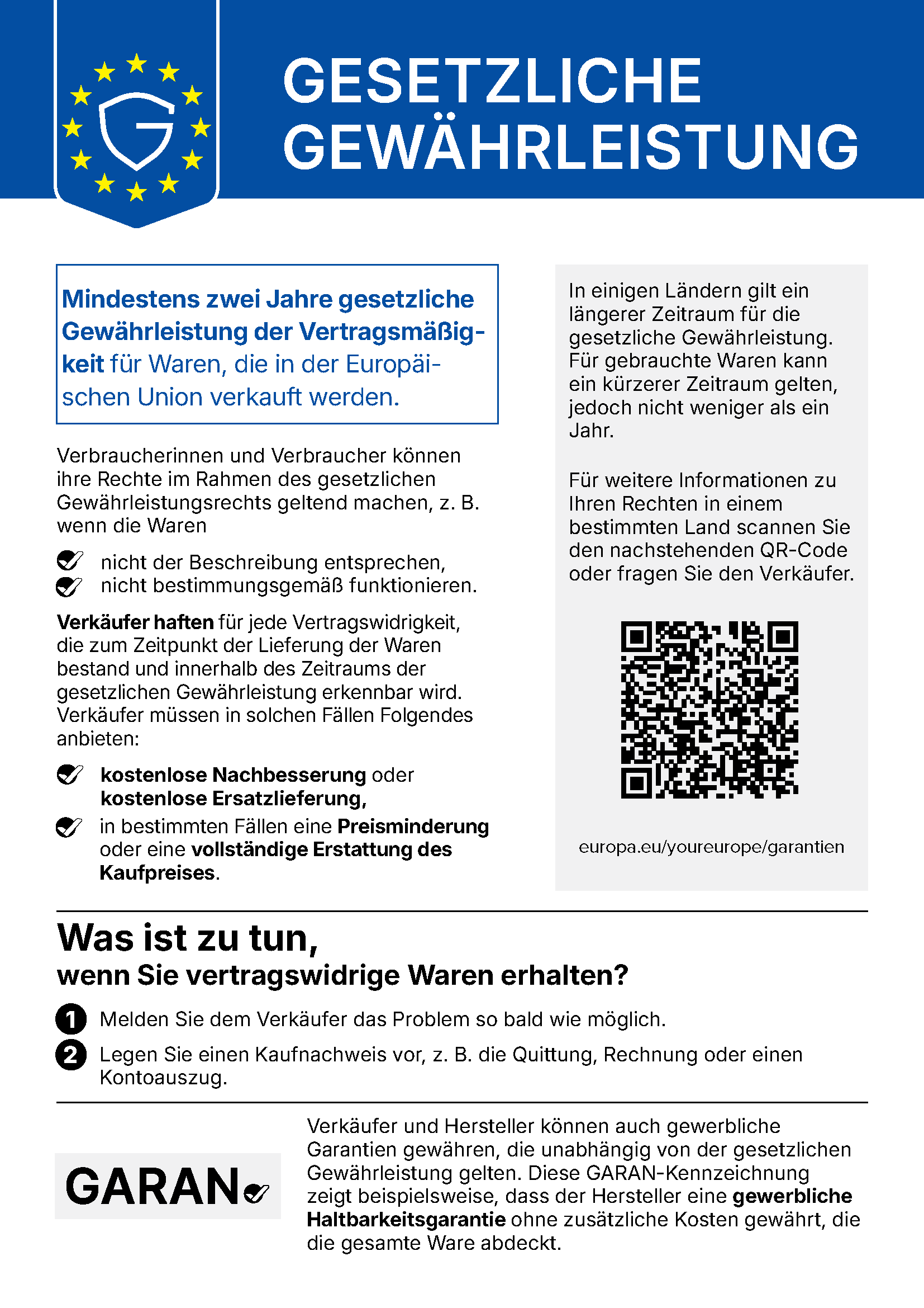 Harmonisierte EU-Mitteilung: Gesetzliche Gewährleistung — mindestens zwei Jahre gesetzliche Gewährleistung der Vertragsmäßigkeit für Waren, die in der Europäischen Union verkauft werden